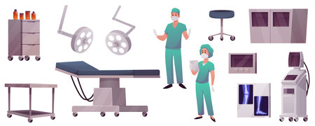 Vector set of operating room equipment, furniture, and medical staff.のイラスト素材
