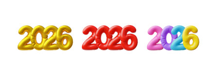Realistic golden, red and colorful inflated balloons 2026 date text numbers, festive Happy New year 3D design vector setのイラスト素材