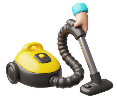 Vacuum cleaner on wheels in hand 3D cartoon plastic style vector icon, home appliances for cleaning floor, housekeepingのイラスト素材