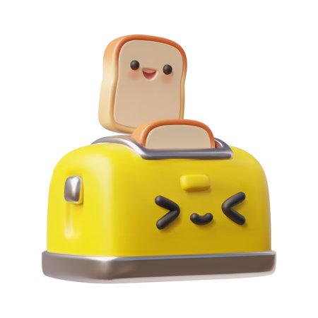 Cute smiling bread slice and toaster 3D plastic style, vector cartoon toast jumping out of toaster,...
