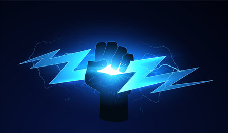 Thunderbolt blue lightning shining effect in hand fist glowing on dark, vector energy burst fight or strength symbolのイラスト素材