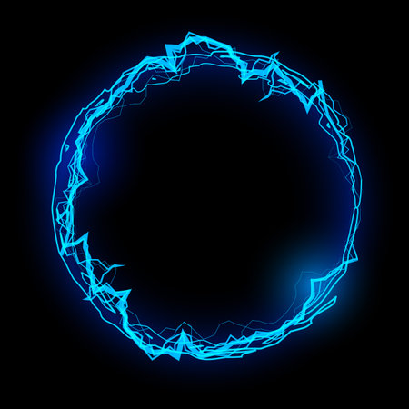 Thunderbolt blue lightning effect round frame vector on black, bolt voltage circle border, energy beam, electric burstのイラスト素材