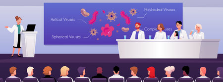 Doctor giving speech on conference, medicine seminar from tribune for audience, viruses molecules, science seminarのイラスト素材