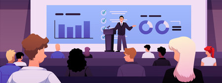 Lecture hall background with a speaker at the podium, a screen with graphs, and an audience.のイラスト素材