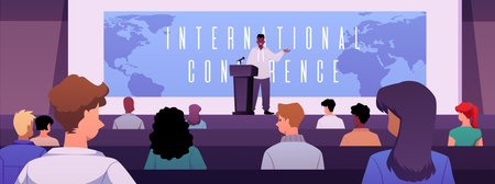 A lecture hall with a speaker on stage, a world map on the screen, and an audience.のイラスト素材