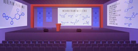 Lecture hall in university or college, vector flat empty auditorium class with medical science presentation on screensのイラスト素材