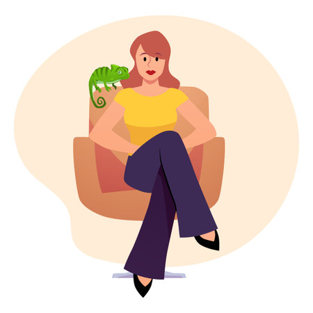 Woman sits in armchair with iguana, exotic guana pet with owner, cartoon tropical lizard, chameleon, animal flat vectorのイラスト素材
