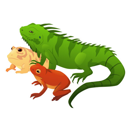 Exotic reptile animal pets flat vector, cartoon chameleon, iguana, salamander, lizard crawling mammals and frogsのイラスト素材