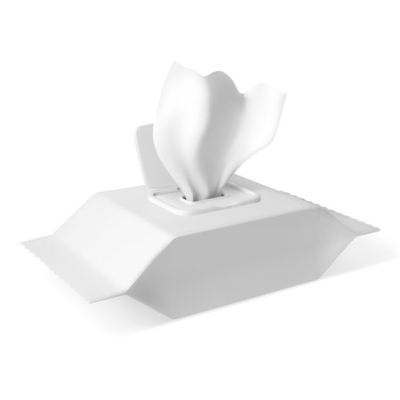 A realistic 3D white wet wipe package with an open lid and a wipe sticking out.のイラスト素材