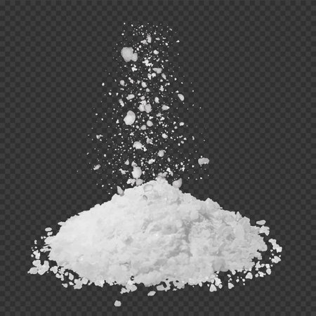 Realistic salt or sugar crystals pouring from above, powder pile, 3d vector white natural mineral grains falling effectのイラスト素材