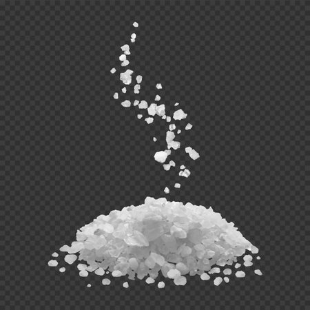 A pile of white salt and crystals with falling particles, edible or sea salt, side view.のイラスト素材