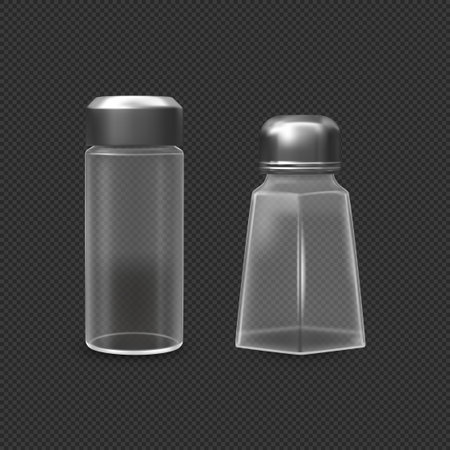 Realistic empty glass containers of various shapes with metal lids for salt and pepper.のイラスト素材