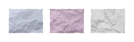 Crumpled paper sheets in gray, purple, and white, arranged horizontally.のイラスト素材
