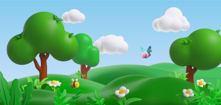 Realistic trees and flowers on green lawn with butterflies and bees flying, spring or summer nature...
