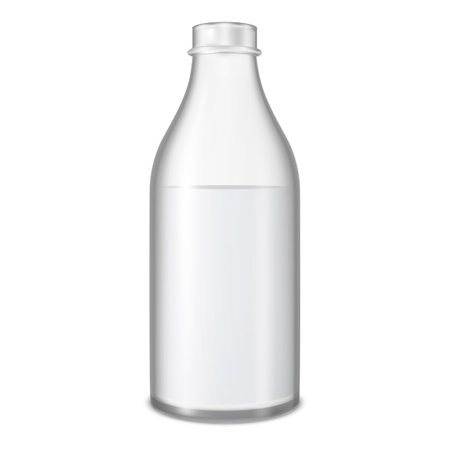Realistic transparent plastic or glass bottle of milk, dairy liquid drink product package almost full vector mock upのイラスト素材