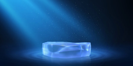 Ice podium and spotlight on blue background, realistic frost showcase pedestal for product presentation 3d crystal stageのイラスト素材