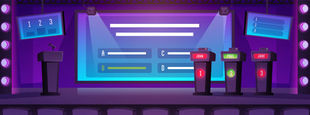 TV Quiz show stage with participants places who answer questions and get points, studio interior for recording contestのイラスト素材
