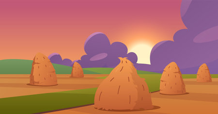 Landscape with a field, haystacks, and a horizon with a setting evening sun.のイラスト素材
