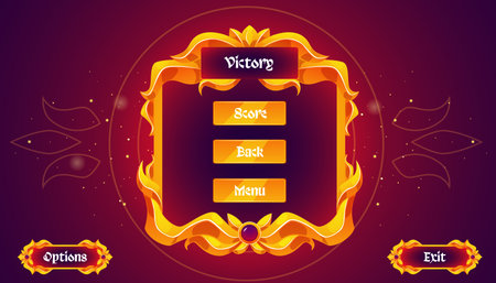 Game interface dashboard with a gold frame and buttons for "Win," "Menu," "Back," and "Score."のイラスト素材