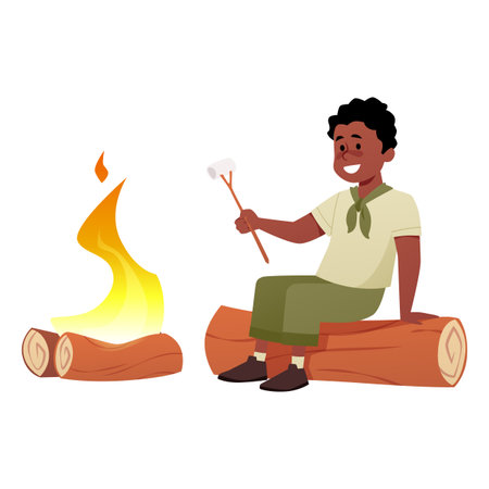 A happy boy scout sits on a log near a campfire with a marshmallow on a stick.のイラスト素材