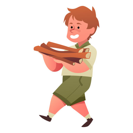 A boy scout in uniform carrying an armful of firewood, side view.のイラスト素材