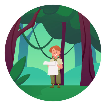 A round frame with a Girl Scout in uniform and a piece of paper standing among forest trees.のイラスト素材