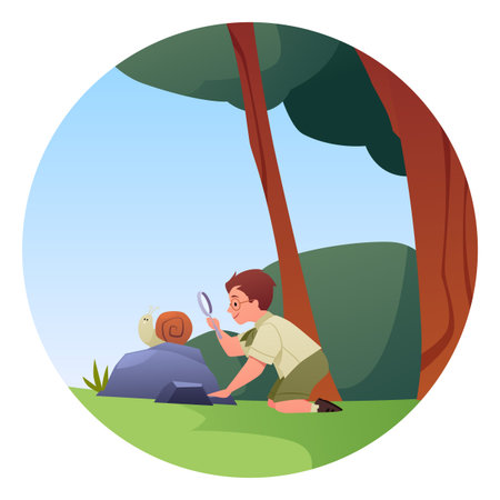 A round frame with a boy examining a snail on a rock through a magnifying glass.のイラスト素材