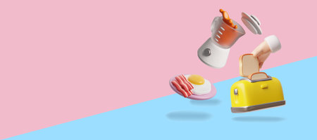 Bread slice and toaster, blender with smoothies splashes, bacon and eggs 3D vector banner, home kitchen appliancesのイラスト素材