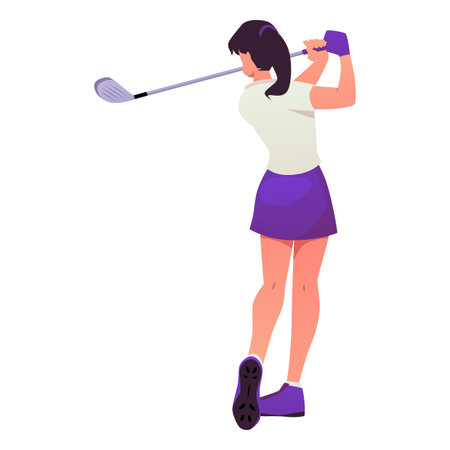 Young beautiful woman playing golf, hitting ball with club view from back, vector flat sport leisure activityのイラスト素材
