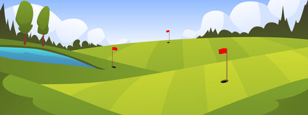 Golf course with flags and holes, nature landscape of green golf field course with hills vector flat illustrationのイラスト素材