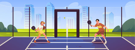Characters holding padel rackets on a court against a cityscape backdrop.のイラスト素材