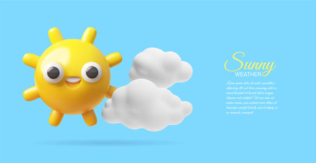 A 3D banner with a smiling yellow sun and clouds on a blue background.のイラスト素材