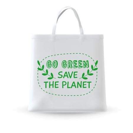 Realistic white tote bag with the inscription "GO GREEN SAVE THE PLANET" and leaves.のイラスト素材