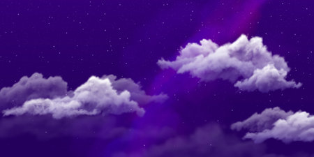 Purple night sky with white clouds and stars, abstract background.のイラスト素材