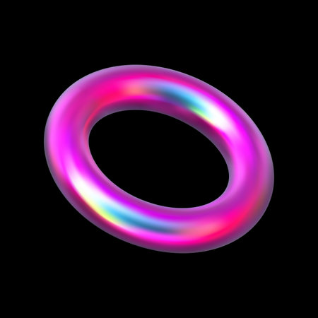 Pink holographic torus realistic 3D vector, iridescent ring model Y2K pearl shine, volumetric round shape glossy surfaceのイラスト素材