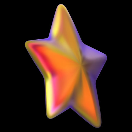 Iridescent star realistic 3D vector design, holographic red orange five-pointed star space emoji,...