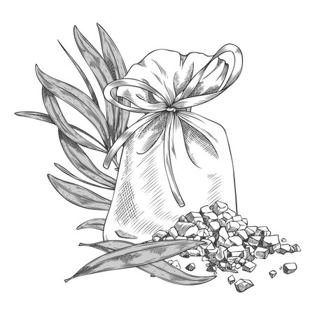 Tea tree branch with leaves, sachet bag and granules heap sketch, vector engraved hand drawn essential herbal productのイラスト素材
