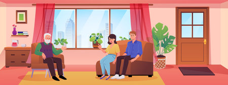 Young married couple visiting psychotherapist, psychology session help, psychotherapy support conversation vector flatのイラスト素材