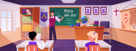 History classroom interior with teacher, students, and furniture.のイラスト素材