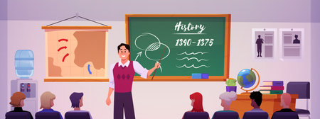 History classroom interior vector flat illustration, cartoon teacher is giving a lecture to students at the blackboardのイラスト素材