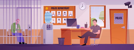 Police department office interior, police officer detained a male suspect in a cell, vector flat police station, prisonのイラスト素材