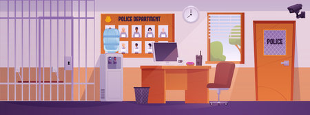 Police department office interior with jail cell, computer desk, vector flat police station, prison for the suspectのイラスト素材