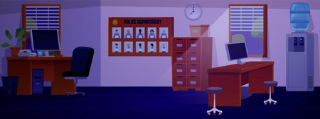 Police department office interior at night, computer desk, criminal photo board, archive cabinet, vector Police stationのイラスト素材