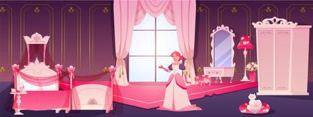 A princess in a castle bedroom interior, in pink tones, with a window, bed, mirror, and wardrobe.のイラスト素材