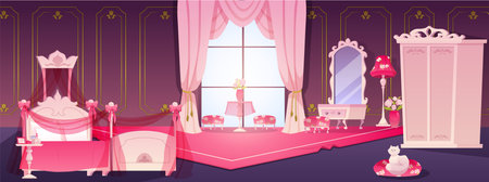 A princess bedroom interior in pink tones, with a window, bed, mirror, and cat.のイラスト素材