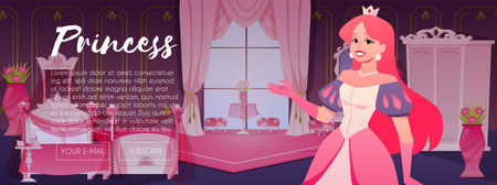 Princess room landing page vector design, beautiful princess with crown in pink royal bedroom, medieval castle interiorのイラスト素材