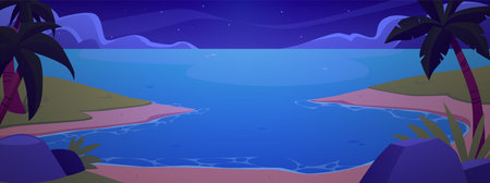 Palm trees in the beach with sandy shore and blue water at night, vector tropical island shore in ocean under starry skyのイラスト素材