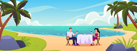 Newlywed couple having dinner on the beach with a glass of wine, palm trees, sandy shore and blue water flat vectorのイラスト素材