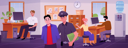 A police station interior with a police officer, furniture, and employees working on computers.のイラスト素材