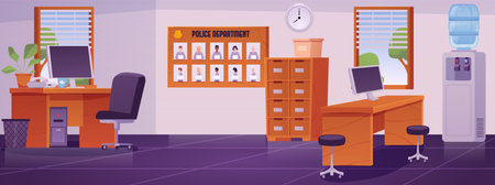 Police department office interior with computer desk, criminal photo board, archive cabinet, vector flat Police stationのイラスト素材
